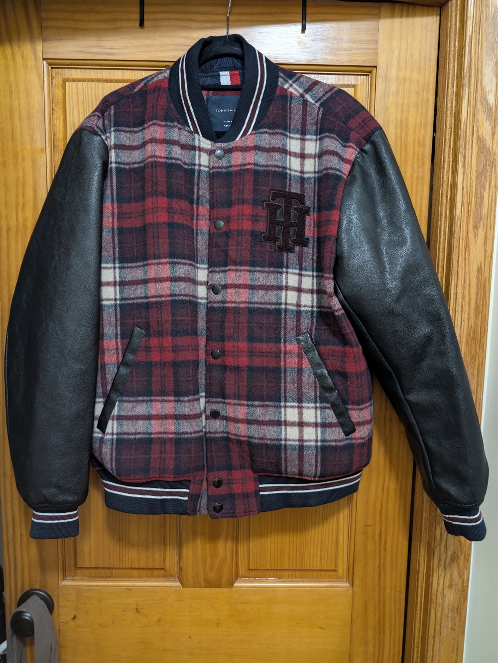 Tommy Hilfiger Men's Red Plaid Varsity Logo Jacket with Black Leather Sleeves -